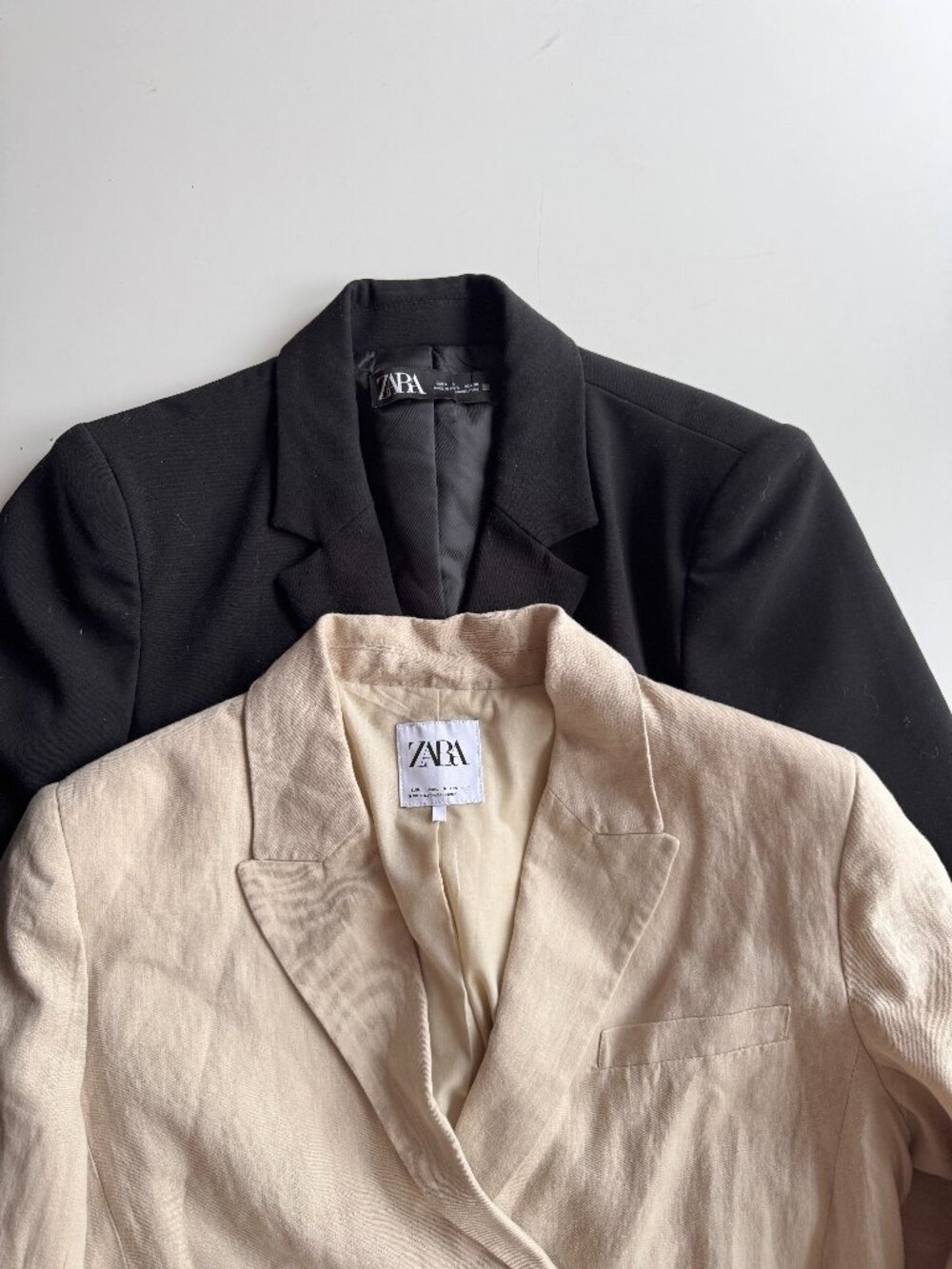 Lot of 2 ZARA Size L Cropped Blazers - Black Crepe & Beige Linen Blend